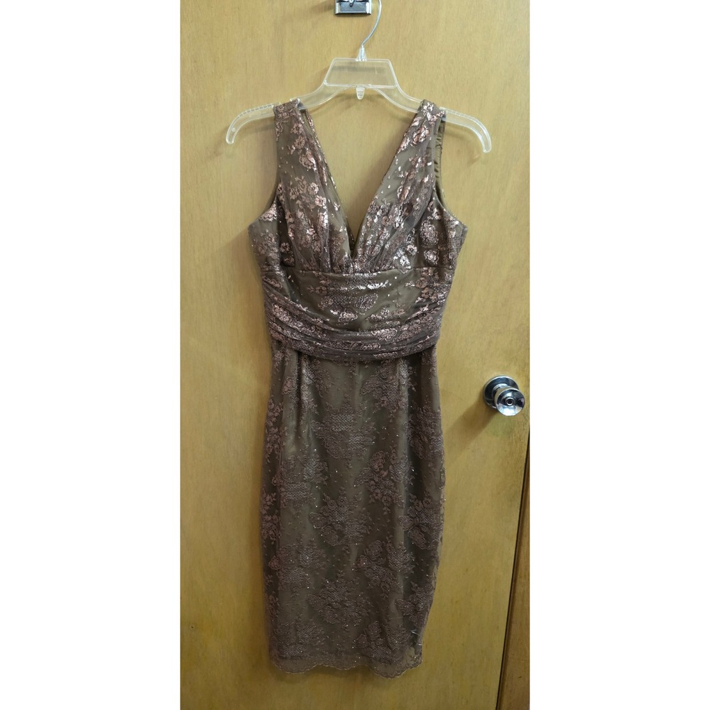 Lillie Rubin Vintage Y2K Bronze Sequin Lace V-Neck Sheath Dress Size 8 Formal
